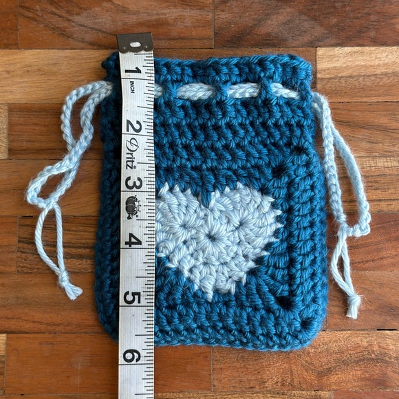 Handmade Blue Crochet Pouch with Heart Design - Picture 4 of 5